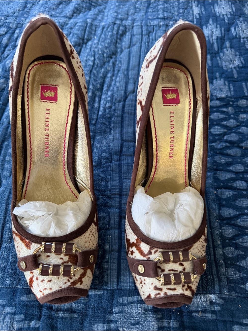 Elaine Turner Brown and Cream Snake Print Calf Hair Peep-Toe Pumps